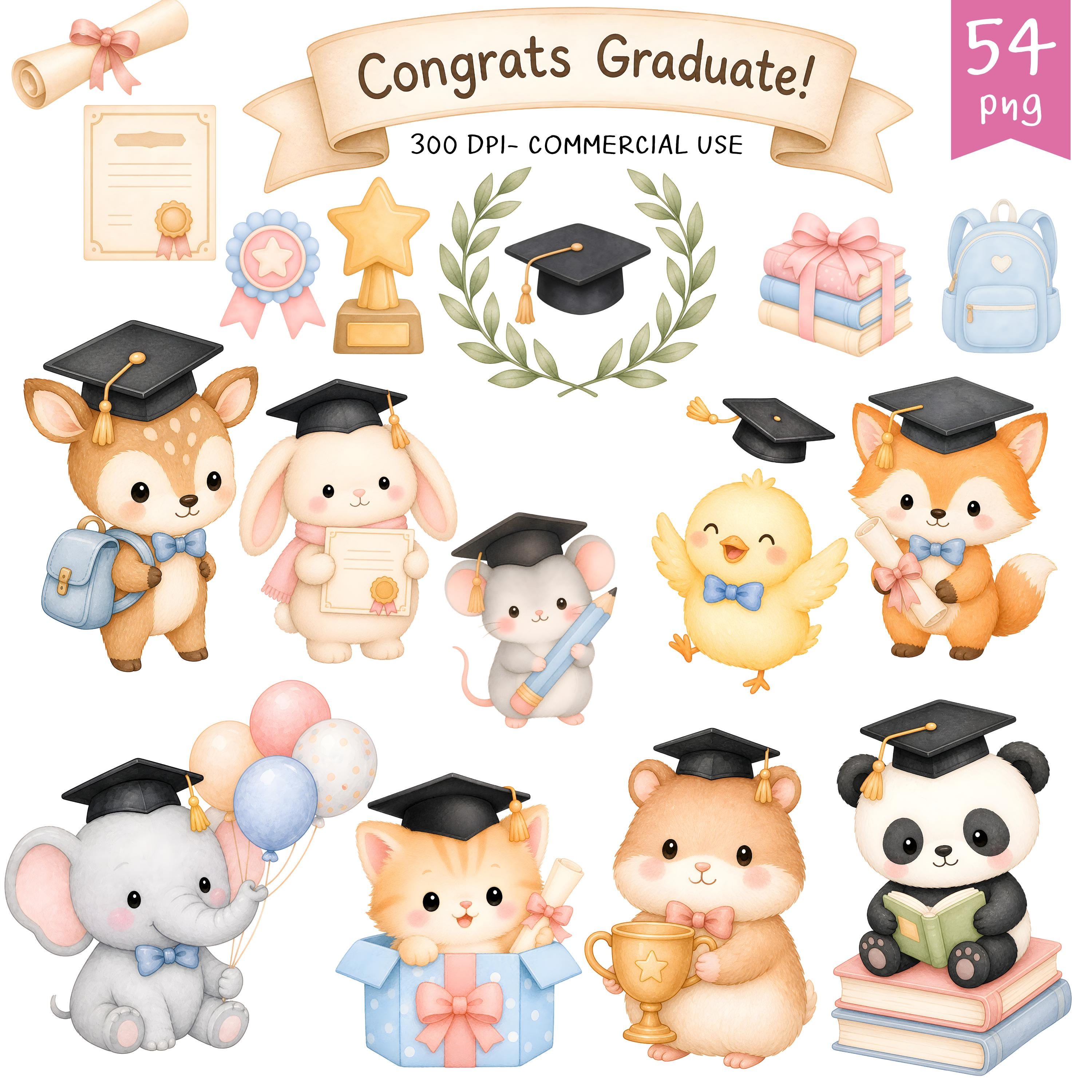 Watercolor Graduation Animals Clipart Baby Animal Graduation Cap ...