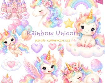 Regenboog eenhoorn clipart, pastel eenhoorn png, magische eenhoorn clipart, aquarel eenhoorn, eenhoorn eerste verjaardag babyshower, kasteel png