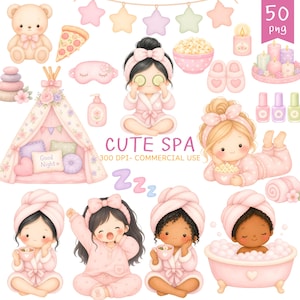 May include: A collection of watercolour illustrations featuring spa-themed elements and characters. The image includes a teddy bear, pizza slice, eye mask, tent, popcorn, slippers, candles, nail polish, and girls in robes. Text reads "CUTE SPA".