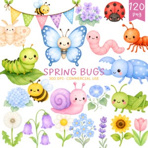 Pode incluir: Uma coleção de ilustrações em aquarela com vários insetos e flores da primavera. Inclui uma borboleta azul, uma joaninha, uma abelha, uma lagarta, um caracol e uma minhoca. O texto "SPRING BUGS" é exibido.