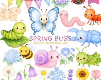 May include: A collection of watercolor illustrations featuring various spring bugs and flowers. Includes a blue butterfly, a ladybug, a bee, a caterpillar, a snail, and a worm. The text "SPRING BUGS" is displayed.