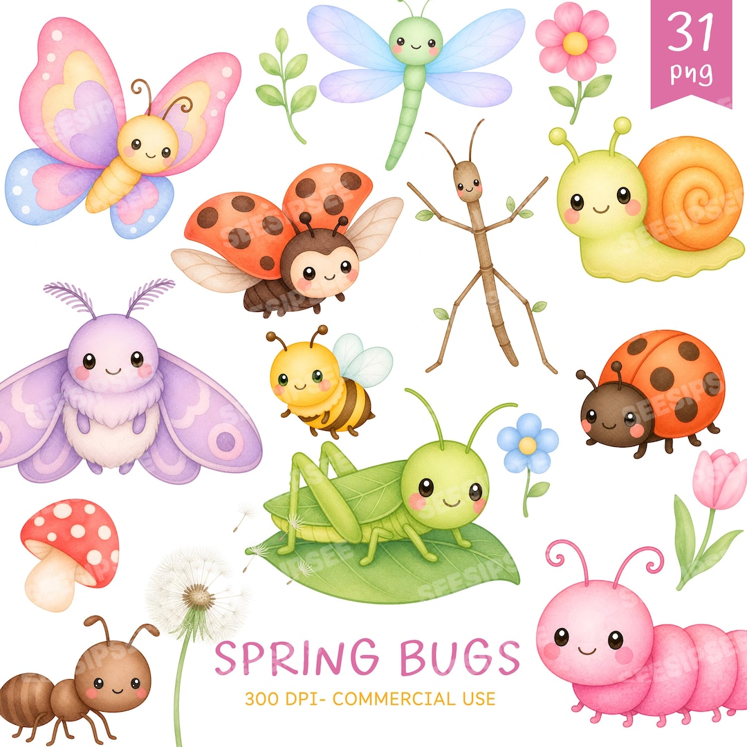 Pastel Cute Insects Bugs Clipart, Garden Bugs & Flowers PNG, Spring ...