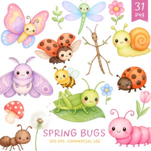 Puede incluir: Colección de ilustraciones en acuarela con varios insectos de primavera. Incluye una mariposa, una libélula, mariquitas, una abeja, un saltamontes, una oruga, un caracol, una hormiga y un insecto palo. El texto "SPRING BUGS" está presente.