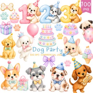 Pode incluir: Uma coleção de ilustrações digitais com cachorros em chapéus de festa, balões numerados, um bolo, um presente, pegadas e guloseimas. O texto diz 100 png, Dog Party e 300 DPI- COMMERCIAL USE em um estilo de desenho animado colorido.