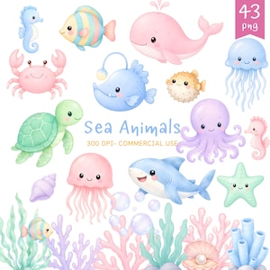 Pode incluir: Uma coleção de ilustrações em aquarela de animais marinhos, incluindo uma baleia rosa, tubarão azul, tartaruga verde, polvo roxo, águas-vivas rosas e azuis, caranguejo, cavalos-marinhos, baiacu, estrela-do-mar, corais e algas com o texto Sea Animals 300 DPI.