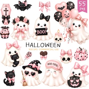 May include: A digital collection of 55 Halloween-themed illustrations featuring white ghosts, black cats, pink bows, skulls, pumpkins, and balloons. The graphics include text reading HALLOWEEN, 300 DPI- COMMERCIAL USE, BOO!, and BOO-TIFUL.