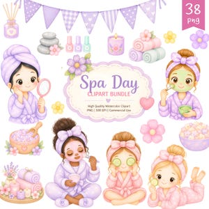 Könnte beinhalten: Ein Aquarell-Clipart-Bundle mit dem Thema Spa-Tag. Das Bild zeigt Illustrationen von Spa-Tag-Elementen, darunter Mädchen in Bademänteln, Gesichtsmasken, Handtüchern, Kerzen und Nagellack. Der Text "Spa Day Clipart Bundle" ist ebenfalls enthalten.