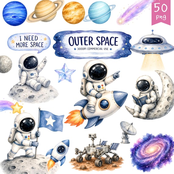 Outer Space Clipart, Galaxy Clipart , Space Clipart, Rocket Ship Clipart, Galaxy Planets PNG,  Little Astronaut, Birthday Party Graphics