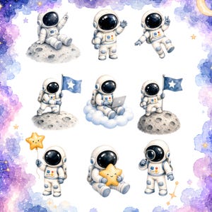 May include: Watercolor illustrations of astronauts in white spacesuits. The astronauts are depicted in various poses, including waving, holding flags, and using a laptop. Some are on moons, others on clouds, and one holds a star-shaped balloon. The background features a watercolor galaxy.