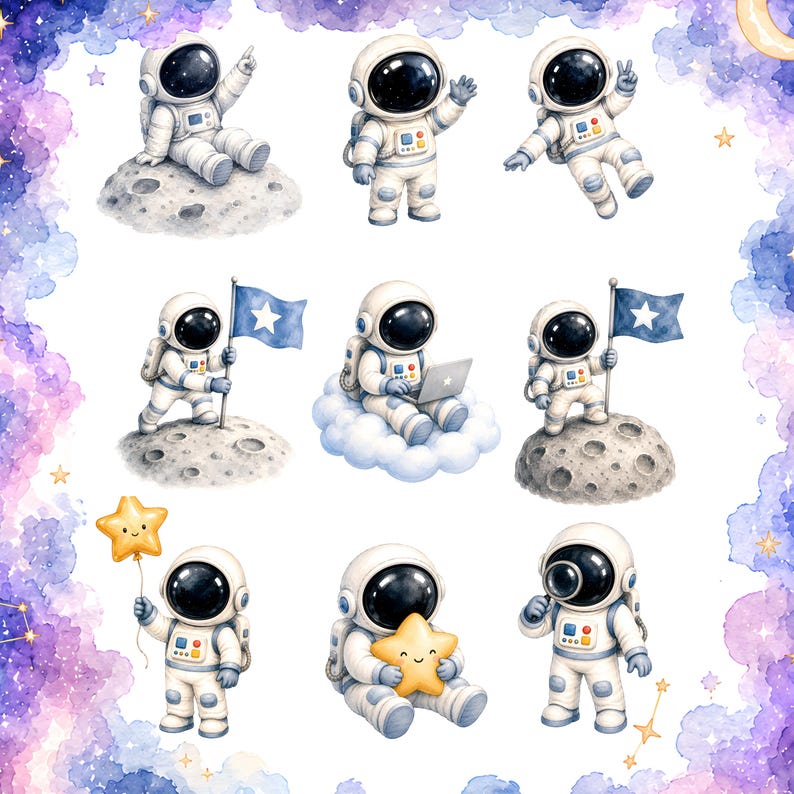 May include: Watercolor illustrations of astronauts in white spacesuits. The astronauts are depicted in various poses, including waving, holding flags, and using a laptop. Some are on moons, others on clouds, and one holds a star-shaped balloon. The background features a watercolor galaxy.