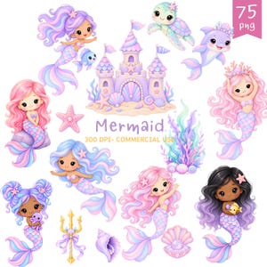 Puede incluir: Una colección digital de 75 ilustraciones PNG con sirenas de dibujos animados con cabello pastel, un castillo de arena morado, una tortuga marina, un delfín, coral, conchas, una estrella de mar y un tridente dorado. Texto: Mermaid 300 DPI- COMMERCIAL USE.