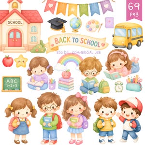 May include: Watercolor illustration with school-themed elements. Includes a schoolhouse, school bus, children, books, and a banner that reads "BACK TO SCHOOL". Also features a rainbow, globe, and other school supplies. The image is labeled "69 png".