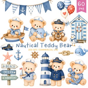 May include: A collection of nautical-themed digital illustrations featuring teddy bears in sailor outfits, a lighthouse, a beach hut, anchors, a ship's wheel, a starfish, a seagull, balloons, and a signpost with the text Beach, Ocean, Adventure.