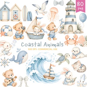 Pode incluir: Uma coleção de ilustrações em aquarela com animais costeiros e elementos náuticos, incluindo ursos, coelhos, uma baleia, uma tartaruga, uma foca, um farol, veleiros, pranchas de surf, uma gaivota, uma água-viva e um caranguejo com o texto Coastal Animals.