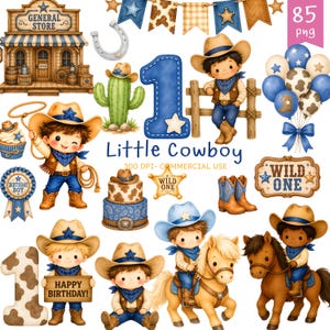 Könnte beinhalten: Digitale Illustration im Cowboy-Stil mit dem Text "Little Cowboy". Das Bild zeigt Cartoon-Cowboys, einen Gemischtwarenladen, ein Hufeisen, einen Kaktus, einen Kuchen, Luftballons und die Wörter "Wild One" und "Happy Birthday!"