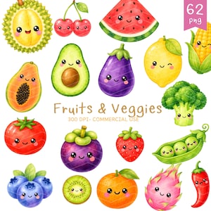 Könnte beinhalten: Eine Sammlung von Aquarell-Illustrationen verschiedener Obst- und Gemüsesorten mit lächelnden Gesichtern, darunter Durian, Kirschen, Wassermelone, Avocado, Aubergine, Zitrone, Mais, Papaya, Brokkoli, Tomate, Mangosteen, Erdbeere, Erbsen, Blaubeeren, Kiwi, Orange, Drachenfrucht und Chilischote, mit dem Text Fruits & Veggies 300 DPI- COMMERCIAL USE.