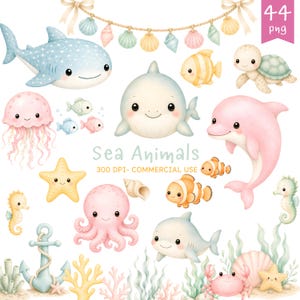 Puede incluir: Una colección de ilustraciones en acuarela que presenta un tiburón ballena azul, un delfín rosa, un pulpo rosa claro, una tortuga marina, una medusa, caballitos de mar, peces payaso, un cangrejo, estrellas de mar, conchas y coral.