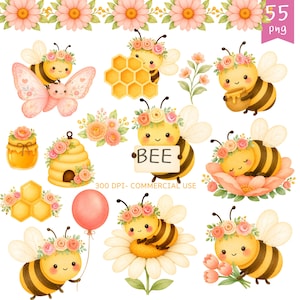 May include: A collection of 55 digital illustrations featuring cartoon bees with floral crowns, honeycombs, beehives, and flowers. The images include bees holding a sign that says BEE, a balloon, and honey pots, all rendered in soft pastel colours.