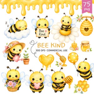Puede incluir: Ilustraciones en acuarela de adorables abejas con varios accesorios. La imagen incluye abejas sosteniendo carteles, flores y artículos relacionados con la miel. El texto "BEE KIND" y "300 DPI - COMMERCIAL USE" también son visibles.