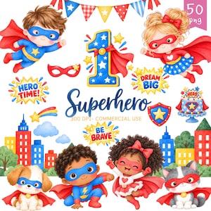 Könnte beinhalten: Eine digitale Sammlung von Aquarell-Superhelden-Illustrationen mit Kindern, einem Welpen und einem Kätzchen, die Masken und Umhänge tragen. Enthält eine große Nummer eins, Stadtgebäude, Wimpelketten, Sterne und Sprechblasen mit Text wie Hero Time und Dream Big.
