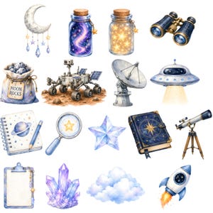 May include: Watercolor illustrations of space-themed objects, including a crescent moon, jars filled with stars, binoculars, a bag of moon rocks, a rover, a satellite dish, a UFO, a notebook, a magnifying glass, a star, a book, a telescope, a clipboard, crystals, a cloud, and a rocket.