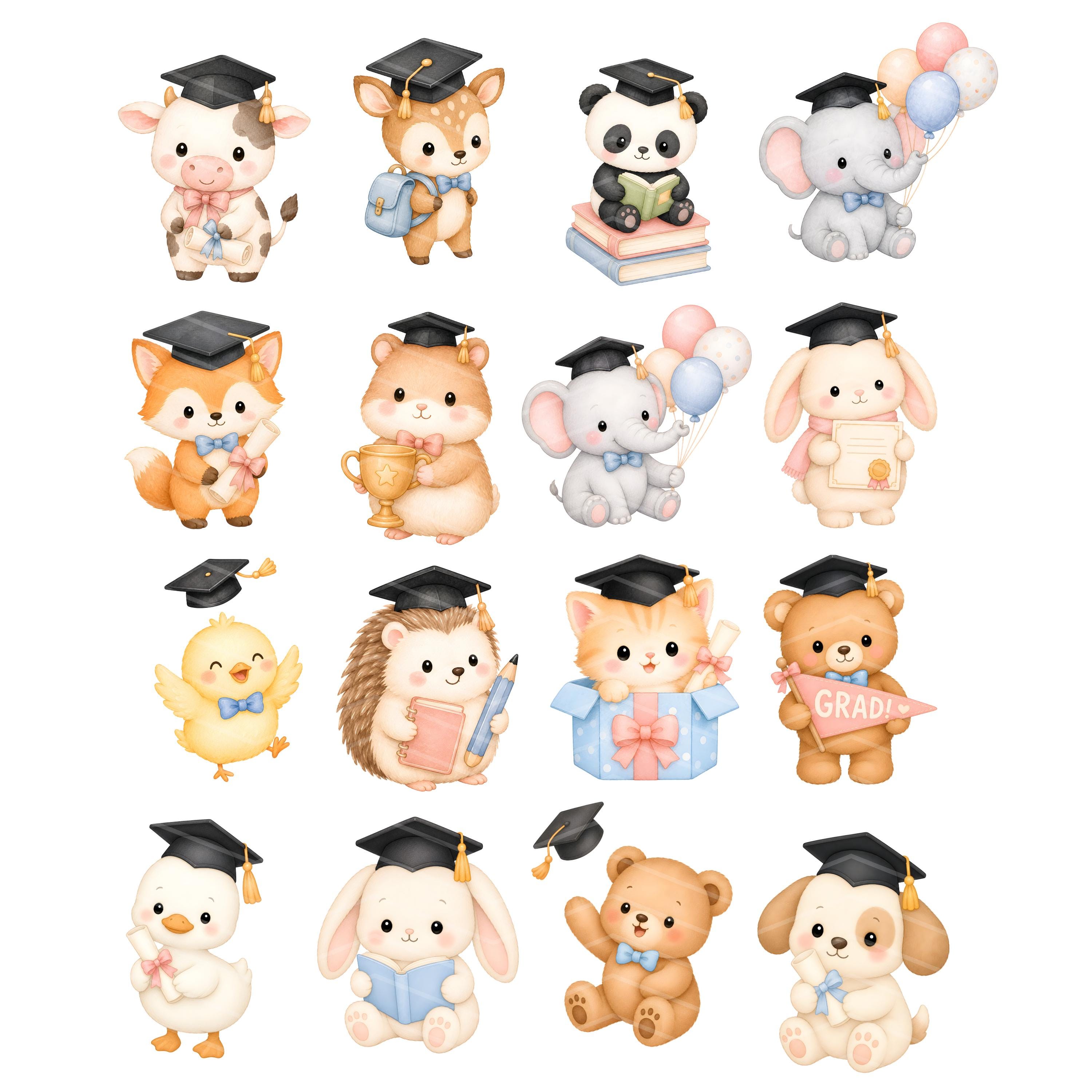 Watercolor Graduation Animals Clipart Baby Animal Graduation Cap ...