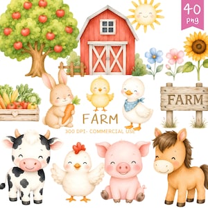 Könnte beinhalten: Eine Sammlung von Aquarell-Bauernhof-Illustrationen mit einer roten Scheune, einem Apfelbaum, einer Sonne, einer Sonnenblume, einem Holzschild mit der Aufschrift FARM, einer Gemüsekiste, einem Hasen mit Karotte, einem Küken, einem Entlein, einer Kuh, einem Huhn, einem Schwein und einem Pferd.