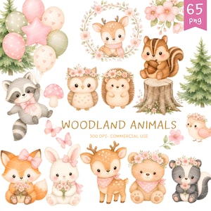 May include: A watercolour illustration of woodland creatures, such as a raccoon with balloons, a deer in a floral wreath, and a squirrel with an acorn. The image includes the text "WOODLAND ANIMALS" and is in soft pastel colours.