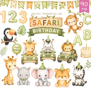 Könnte beinhalten: Aquarell-Illustration mit Safari-Tieren, darunter eine Giraffe, ein Zebra, ein Löwe und ein Elefant. Das Bild enthält ein Banner mit der Aufschrift "Safari Birthday", Luftballons und die Zahlen 1, 2 und 3. Der Text "300 DPI - COMMERCIAL USE" ist ebenfalls enthalten.