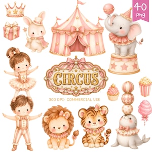 Puede incluir: Una colección digital de ilustraciones de circo con una carpa de rayas rosas, una corona, un regalo, un conejo, dos artistas, un león, un tigre, una foca con pelotas, un cupcake, palomitas y un letrero con la palabra CIRCUS.