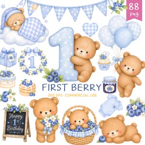 Può includere: Una collezione di illustrazioni ad acquerello a tema baby. Include orsetti, palloncini, un numero uno, mirtilli e il testo "First Berry". La tavolozza dei colori è blu chiaro, marrone e bianco.