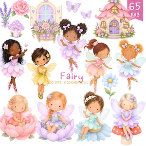 Peut inclure: Une collection numérique d'illustrations sur le thème des fées comprenant divers personnages ailés, une maison champignon, une fenêtre fleurie, des papillons et des éléments floraux. Le texte "Fairy" et "300 DPI- COMMERCIAL USE" est visible.