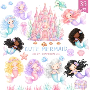 Può includere: Un'illustrazione digitale con una collezione di simpatiche sirene con vari colori e stili di capelli, circondate da creature marine e un castello rosa. Il testo "CUTE MERMAID" è visualizzato.