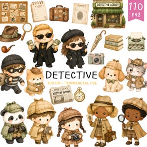 Peut inclure: Illustration à l'aquarelle sur le thème des détectives. Comprend une agence de détectives, des loupes, un chapeau, une pipe, un appareil photo, une machine à écrire et des détectives de dessins animés. Le mot "DETECTIVE" est affiché.