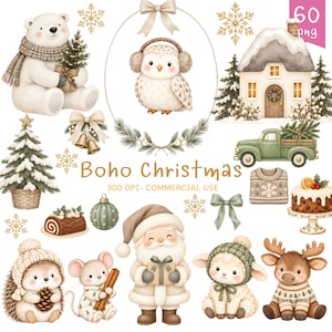 Puede incluir: Una colección digital de 60 ilustraciones con temática navideña que incluye un oso polar, un búho con orejeras, una cabaña nevada, un camión verde, Santa Claus, un erizo, un ratón, un cordero, un reno, un árbol de Navidad, pastel y copos de nieve dorados con el texto Boho Christmas.