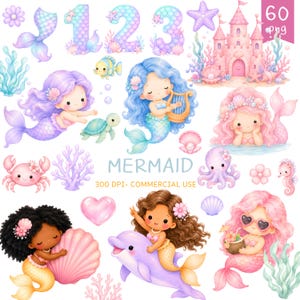 Puede incluir: Una colección digital de ilustraciones con temática de sirenas que incluye sirenas con varios colores de pelo, un castillo rosa, criaturas marinas como una tortuga, un pulpo y un delfín, los números 1-3, coral, conchas y un corazón, con el texto MERMAID.