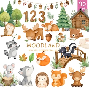 Könnte beinhalten: Eine digitale Sammlung von 90 Wald-Aquarellillustrationen mit Tieren wie Bär, Fuchs, Eule, Waschbär und Elch, sowie einer Blockhütte, Bäumen, Pilzen, Eicheln und den Zahlen 1, 2 und 3, beschriftet mit dem Text WOODLAND.