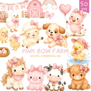 Puede incluir: Una colección de ilustraciones en acuarela con animales de granja como un pato, pollitos, cordero, cachorro, cerdo, caballo, vaca y vaca highland, todos con lazos rosas. Incluye un granero rosa, banderines, un arcoíris y el texto PINK BOW FARM.