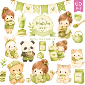 Puede incluir: Una colección de ilustraciones en acuarela con elementos temáticos de matcha. Incluye personajes lindos como una niña, un panda, un conejito, un oso y un gato, todos con bebidas y accesorios de matcha. La imagen también tiene polvo de matcha, una rebanada de pastel y una pancarta que dice "Matcha lover".