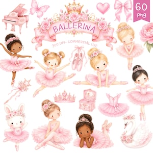May include: A collection of pink ballerina-themed illustrations. The image includes ballerinas, a piano, ballet shoes, crowns, a swan, and the word "Ballerina" on a banner. The illustrations are in a cute, whimsical style, perfect for crafts and designs.