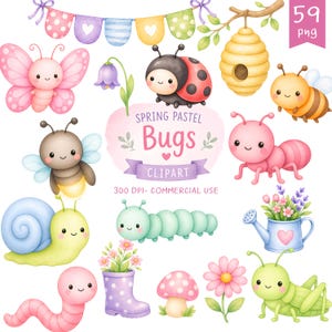 May include: A collection of pastel-colored bug clipart, including a butterfly, ladybug, bee, firefly, snail, caterpillar, worm, ant, grasshopper, mushroom, and flower. The image also includes a watering can, a boot with flowers, and a banner that says "Spring Pastel Bugs Clipart".