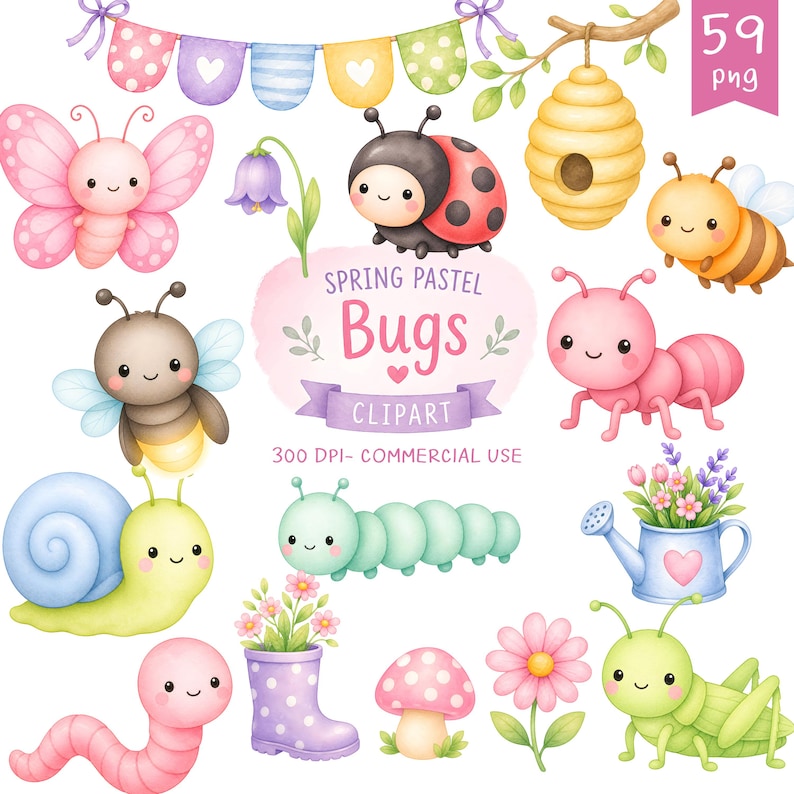 Pastel Cute Insects Bugs Clipart, Garden Bugs & Flowers PNG, Spring ...
