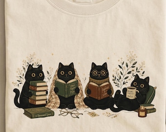 Custom Black Cats Reading T-Shirt - Cozy Book Lover Shirt, Reading Cat Book Tee, Cute Book Club Gift for Her,Bookish Shirt