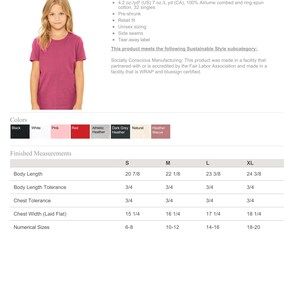 May include: A short-sleeved crew neck t-shirt in heather mauve. The product information sheet includes the Printnest logo, fabric specifications, a color palette, and a size chart with measurements in inches for sizes small through extra-large.