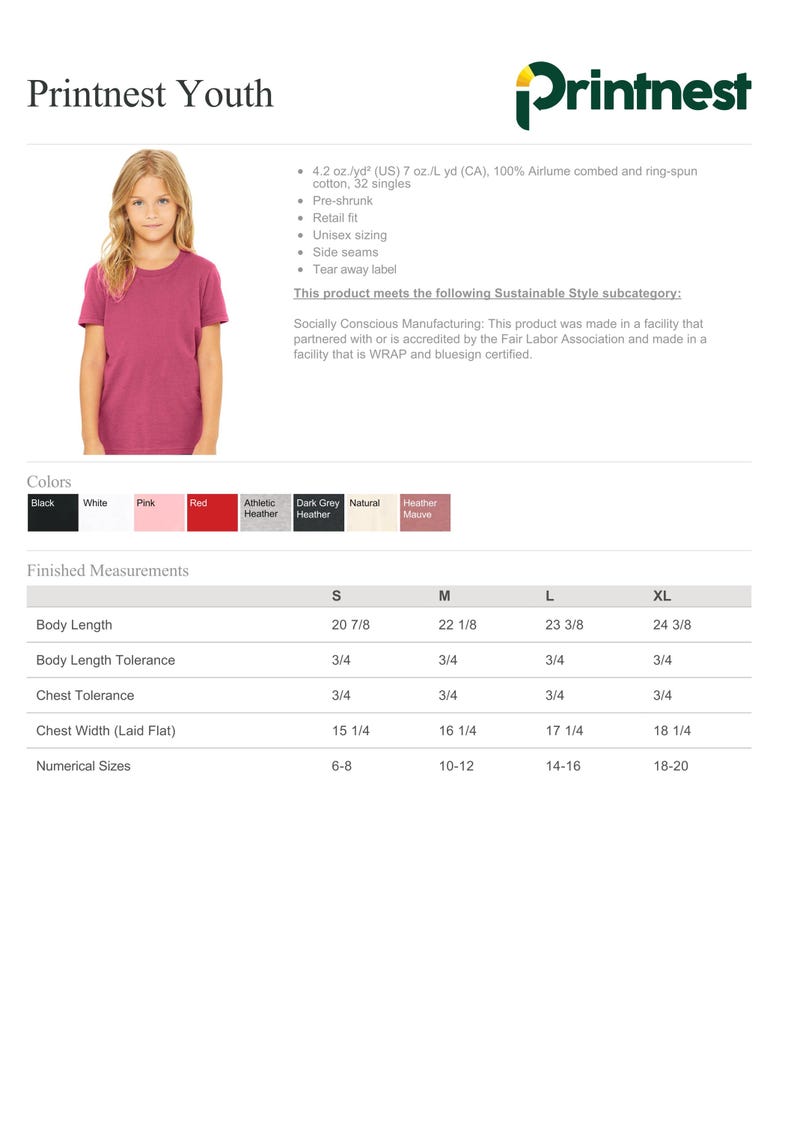May include: A short-sleeved crew neck t-shirt in heather mauve. The product information sheet includes the Printnest logo, fabric specifications, a color palette, and a size chart with measurements in inches for sizes small through extra-large.