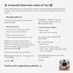 May include: A white informational graphic with black text titled A Heartful Note From a Mom of Two. It lists shop specialties including Comfort Colors, Bella Canvas, and Gildan apparel for youth, toddler, and baby sizes. Includes a small photo of a person.