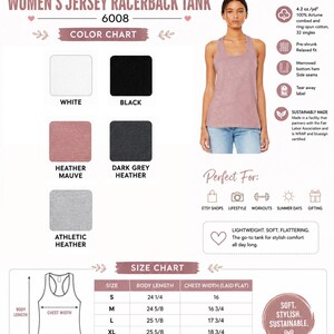 May include: A Bella+Canvas 6008 jersey racerback tank top color and size chart. The chart displays five color options: white, black, heather mauve, dark grey heather, and athletic heather, along with a size chart listing measurements in inches.