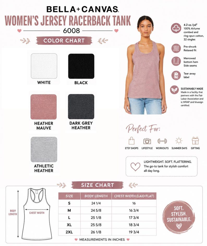 May include: A Bella+Canvas 6008 jersey racerback tank top color and size chart. The chart displays five color options: white, black, heather mauve, dark grey heather, and athletic heather, along with a size chart listing measurements in inches.