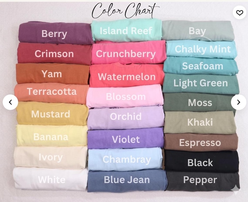 May include: A colour chart displaying folded t-shirts in various shades. The colours are labelled: Berry, Crimson, Yam, Terracotta, Mustard, Banana, Ivory, White, Island Reef, Crunchberry, Watermelon, Blossom, Orchid, Violet, Chambray, Blue Jean, Bay, Chalky Mint, Seafoam, Light Green, Moss, Khaki, Espresso, Black, and Pepper.