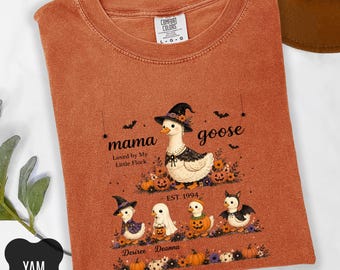 Personalized Mama Goose Halloween Shirt,Custom Mom Halloween Tee, Spooky Mama Shirt with Names, Pumpkin Goose Tee, Custom Fall Family Outfit